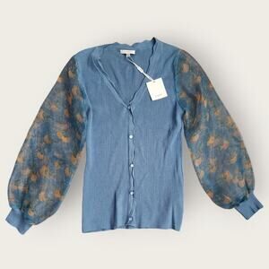 Sioni Button Up Sweater Top Womens Sz L Semi-Sheer Long Sleeve Airforce Blue NWT